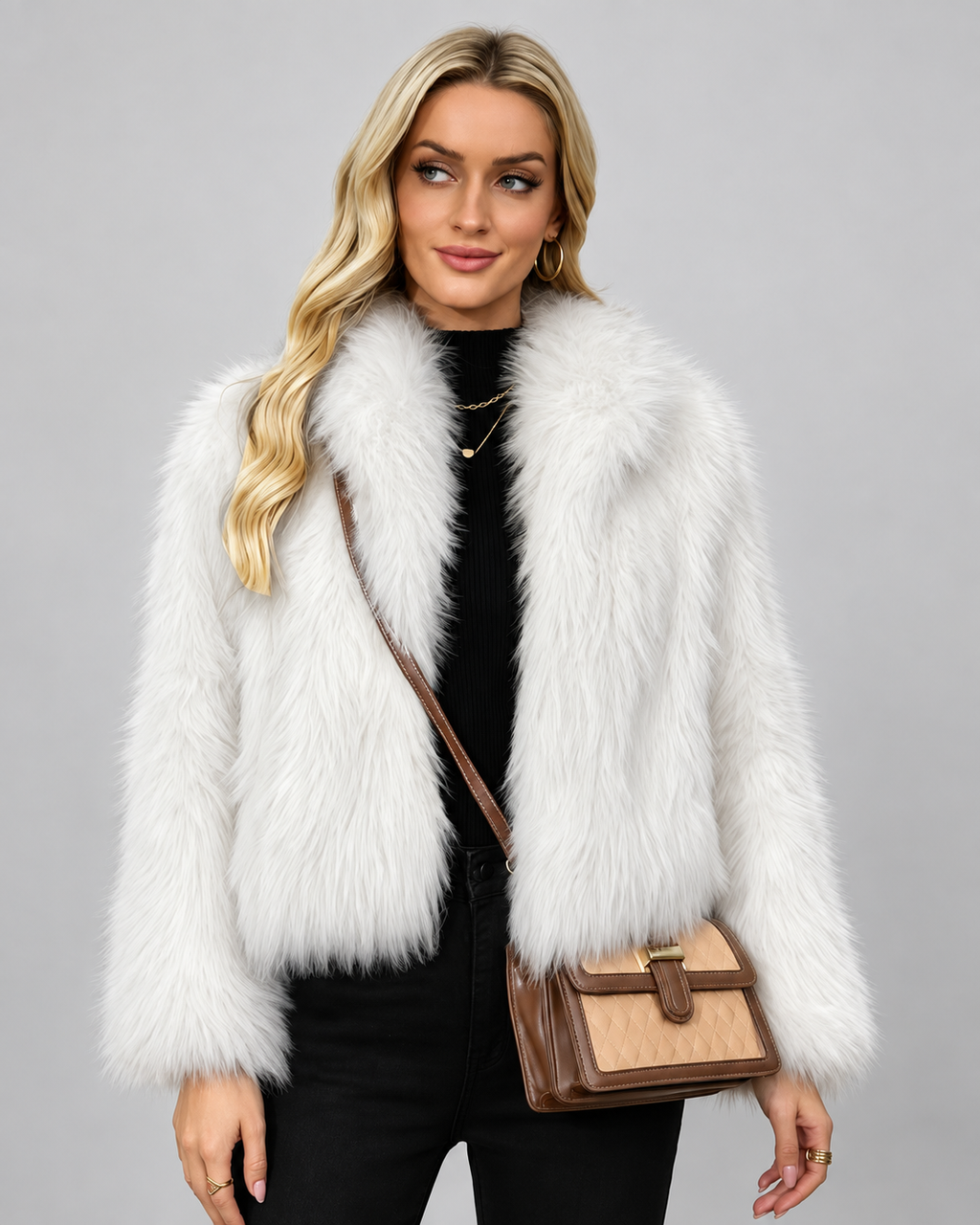 Women's Soft Faux Fur Jacket with Shawl Collar and Open Front