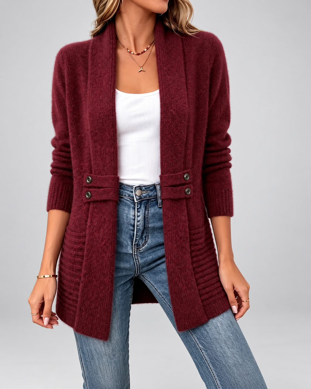 Women's Longline Knit Cardigan with Shawl Collar and Button Tabs