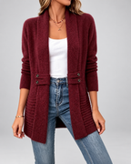 Women's Longline Knit Cardigan with Shawl Collar and Button Tabs
