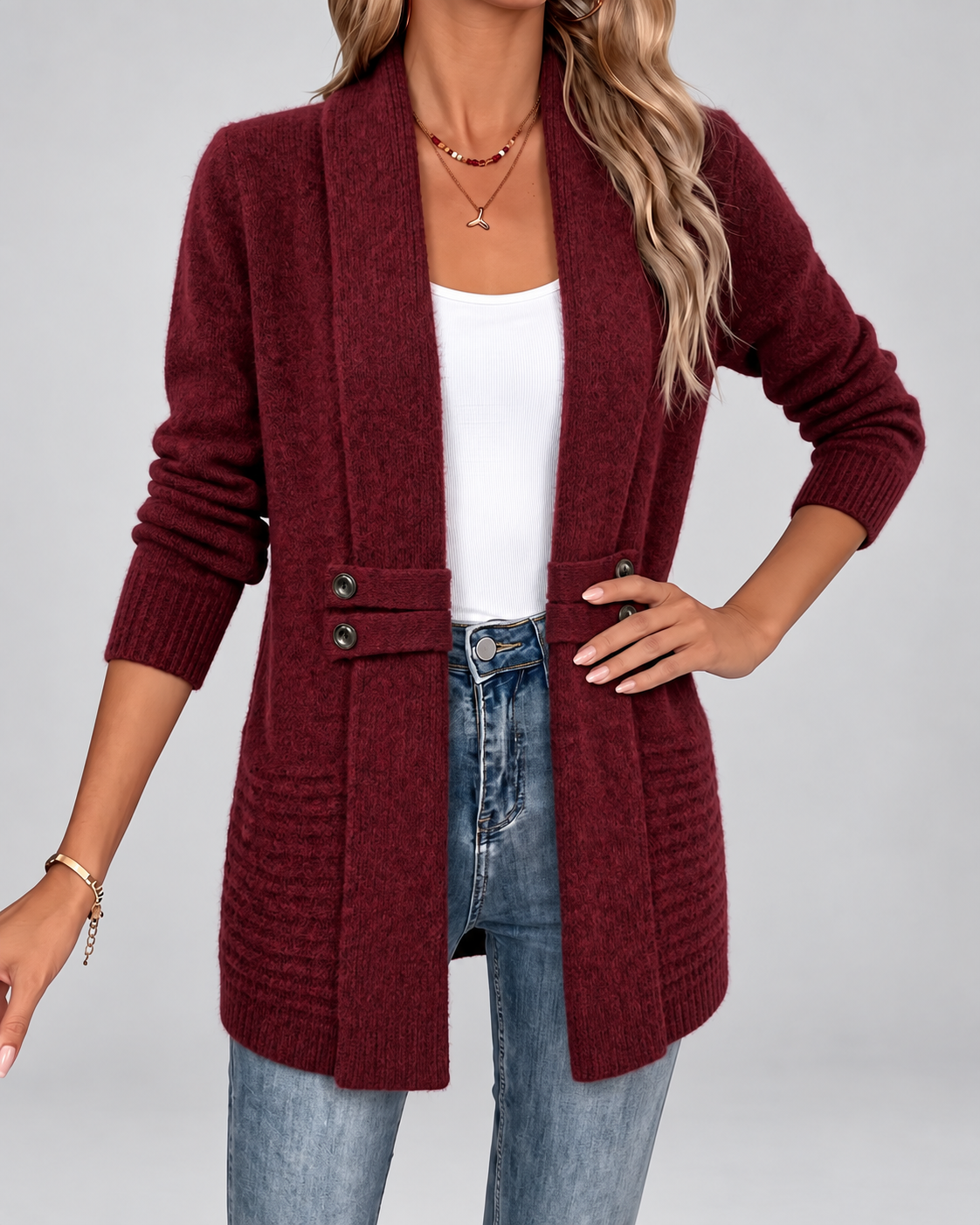 Women's Longline Knit Cardigan with Shawl Collar and Button Tabs