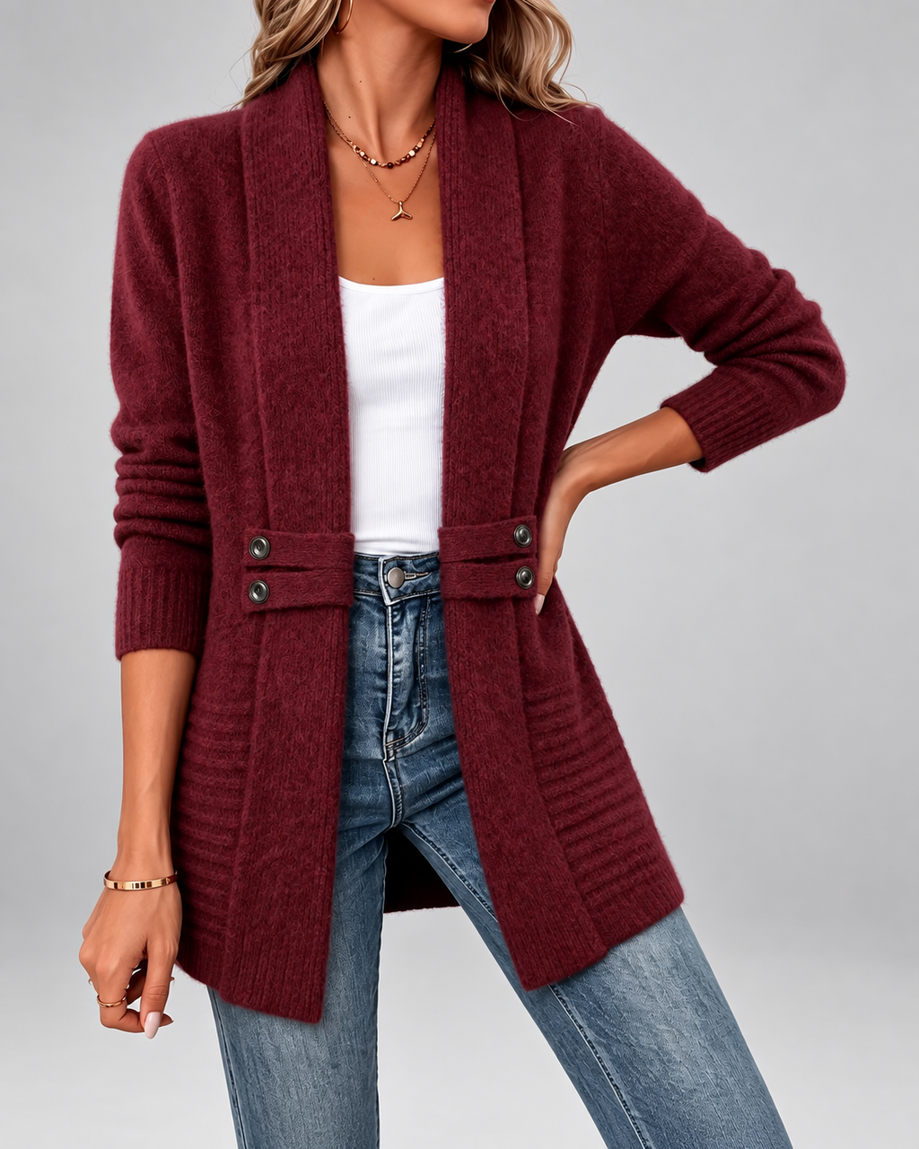 Women's Longline Knit Cardigan with Shawl Collar and Button Tabs