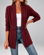 Women's Longline Knit Cardigan with Shawl Collar and Button Tabs