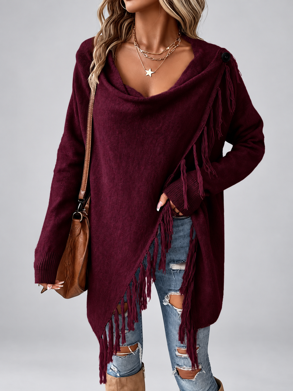 Women's Draped Knit Cardigan with Fringe Trim and Open Front