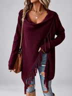 Women's Draped Knit Cardigan with Fringe Trim and Open Front