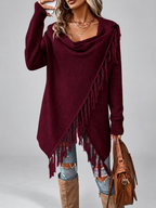 Women's Draped Knit Cardigan with Fringe Trim and Open Front