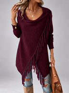 Women's Draped Knit Cardigan with Fringe Trim and Open Front