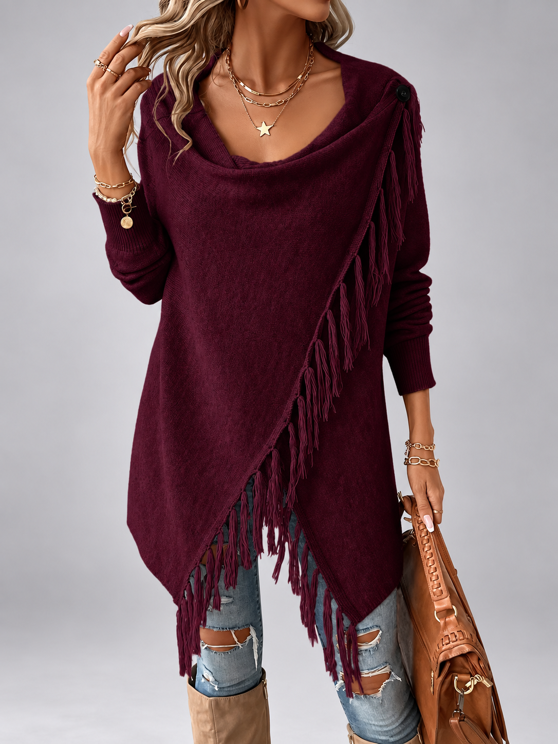 Women's Draped Knit Cardigan with Fringe Trim and Open Front