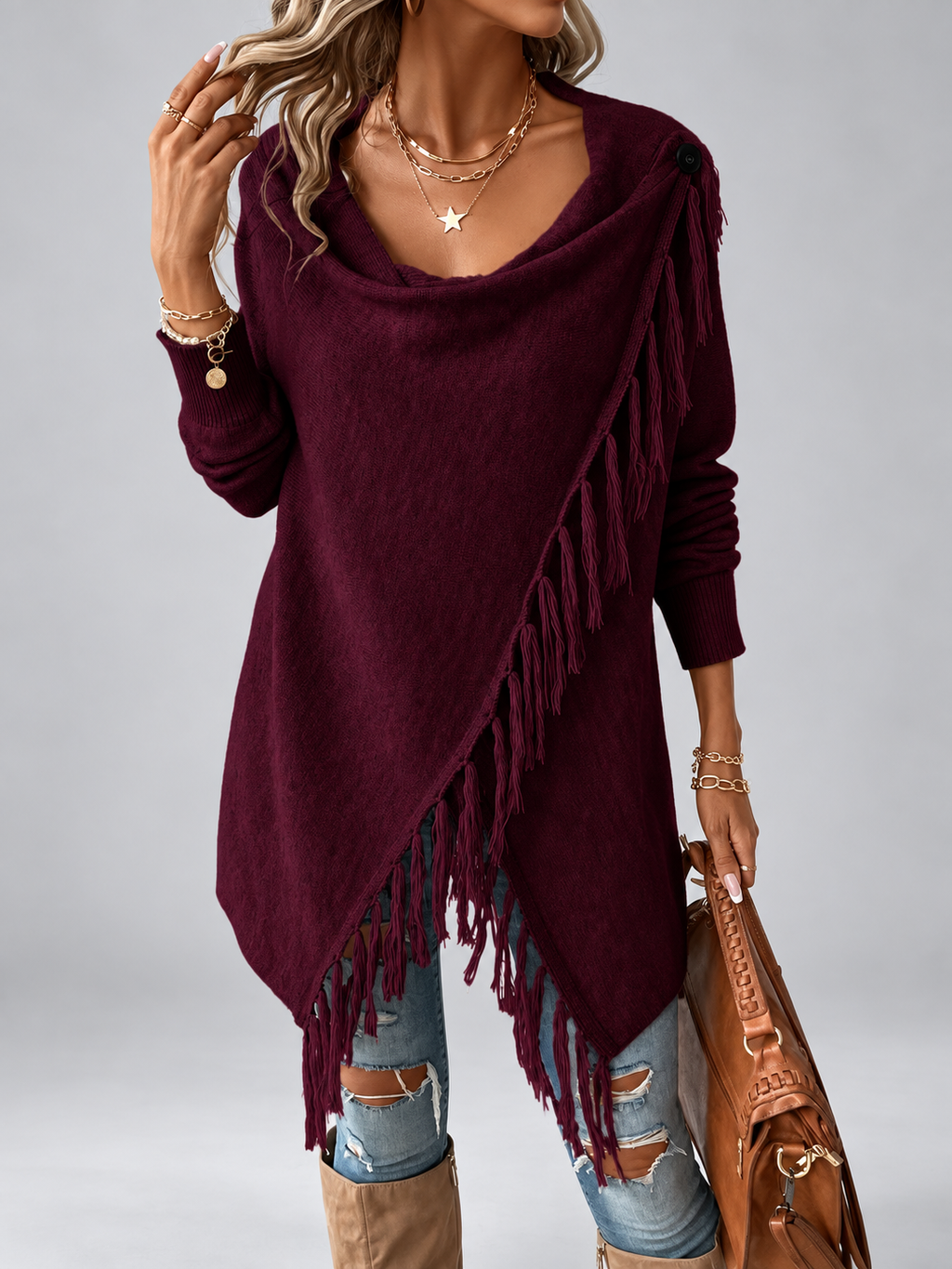 Women's Draped Knit Cardigan with Fringe Trim and Open Front