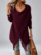 Women's Draped Knit Cardigan with Fringe Trim and Open Front