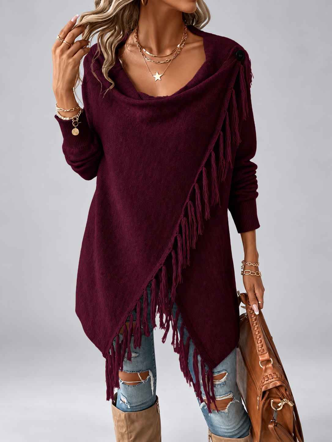 Women's Draped Knit Cardigan with Fringe Trim and Open Front