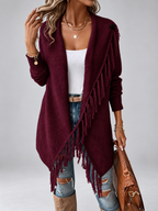 Women's Draped Knit Cardigan with Fringe Trim and Open Front