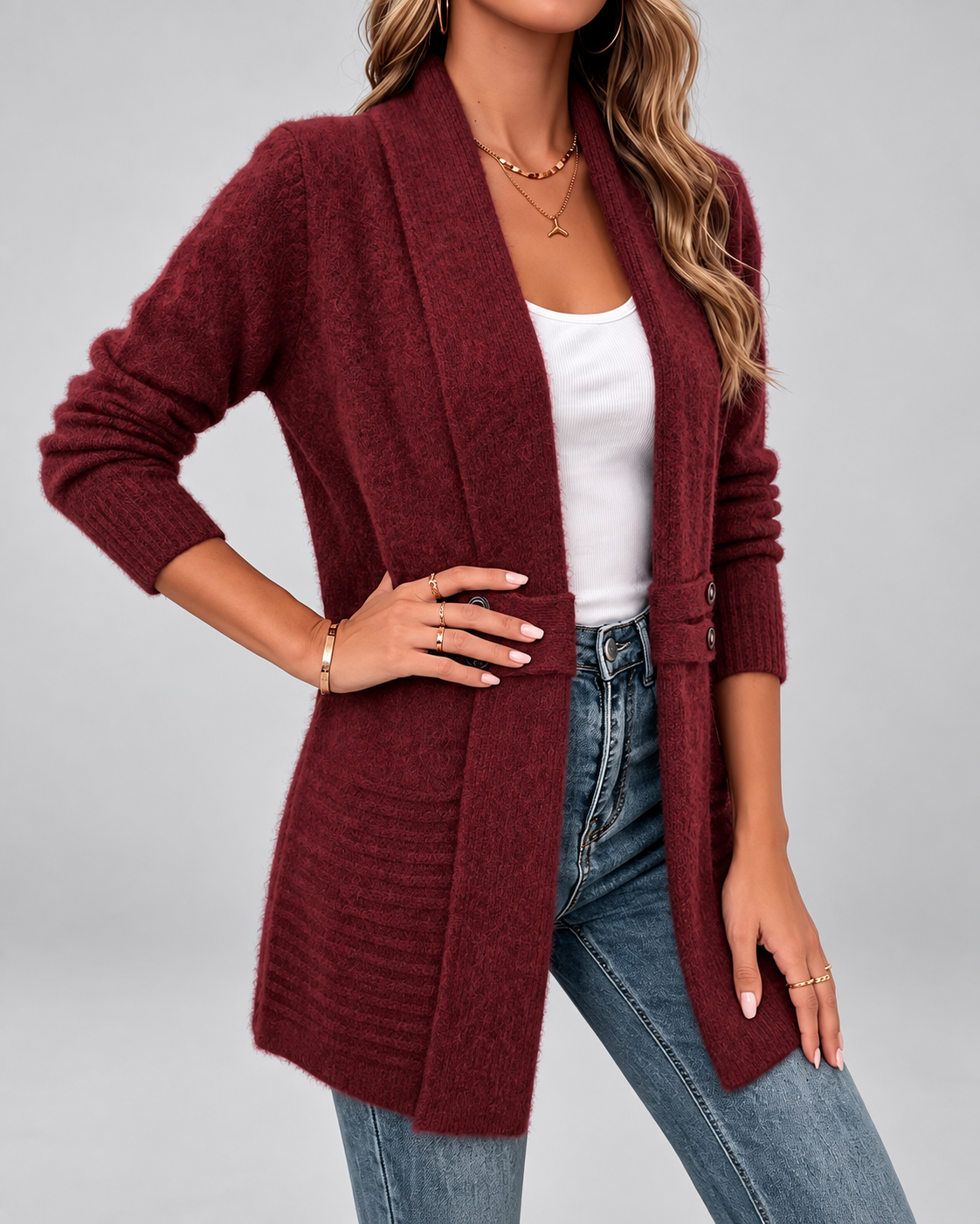 Women's Longline Knit Cardigan with Shawl Collar and Button Tabs