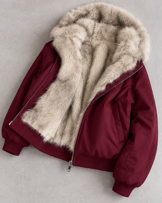 Women's Bomber Jacket with Faux Fur Lining - dark red