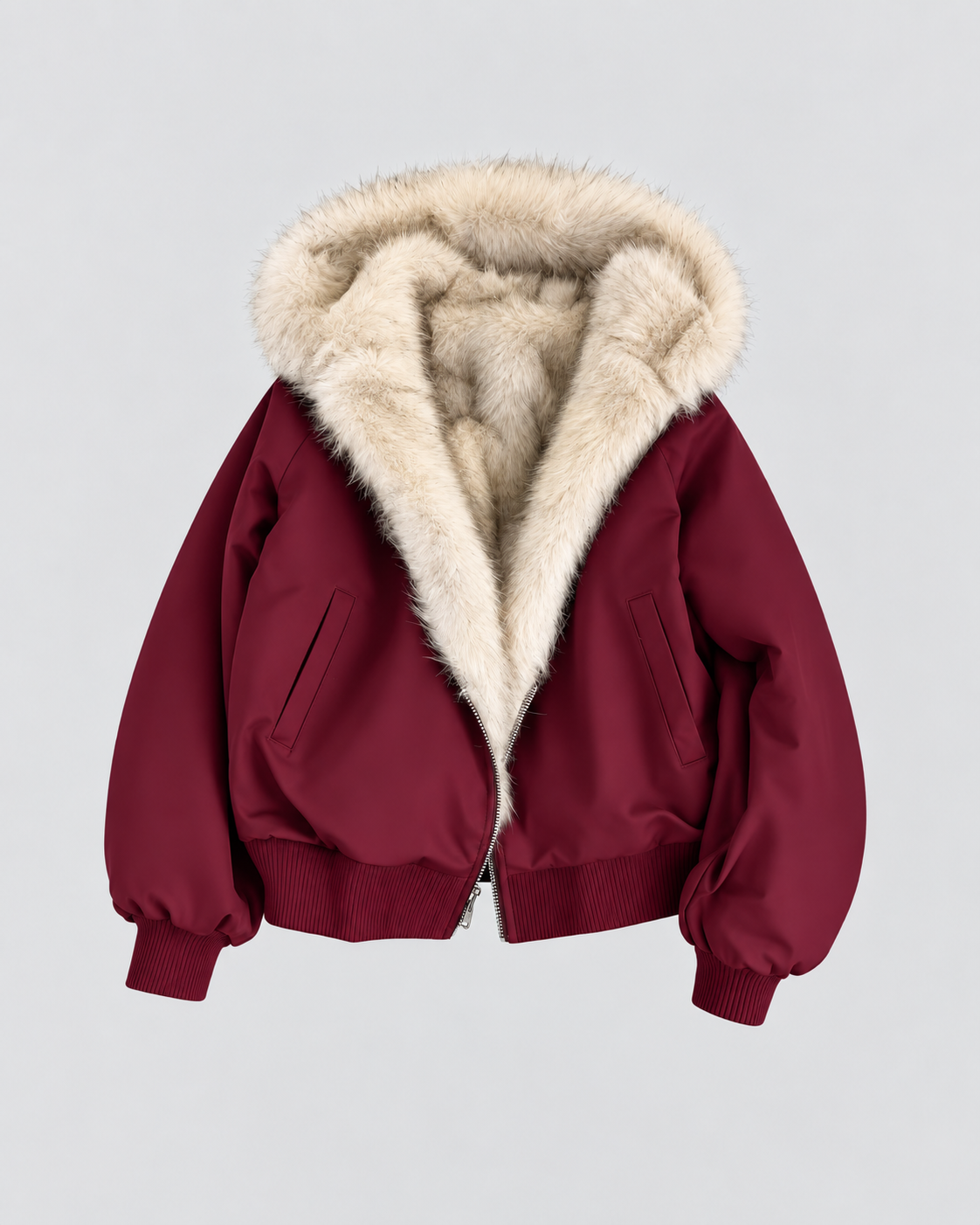 Women's Bomber Jacket with Faux Fur Lining - dark red