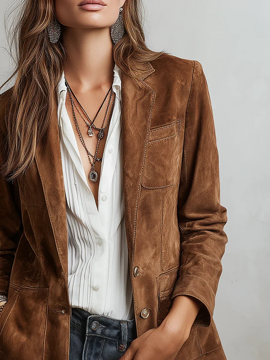 Women's Brown Suede Style Blazer with Notch Lapel and Chest Pocket