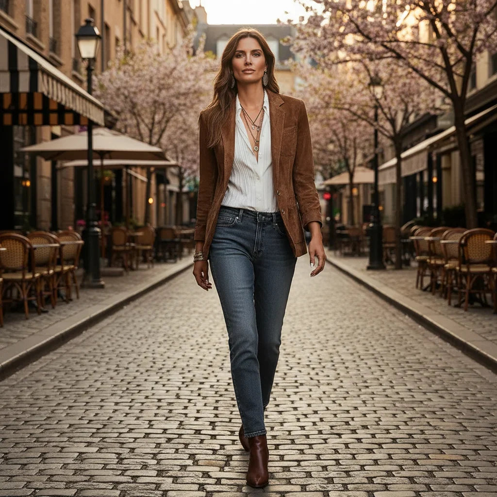 Women's Brown Suede Style Blazer with Notch Lapel and Chest Pocket