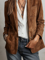 Women's Brown Suede Style Blazer with Notch Lapel and Chest Pocket