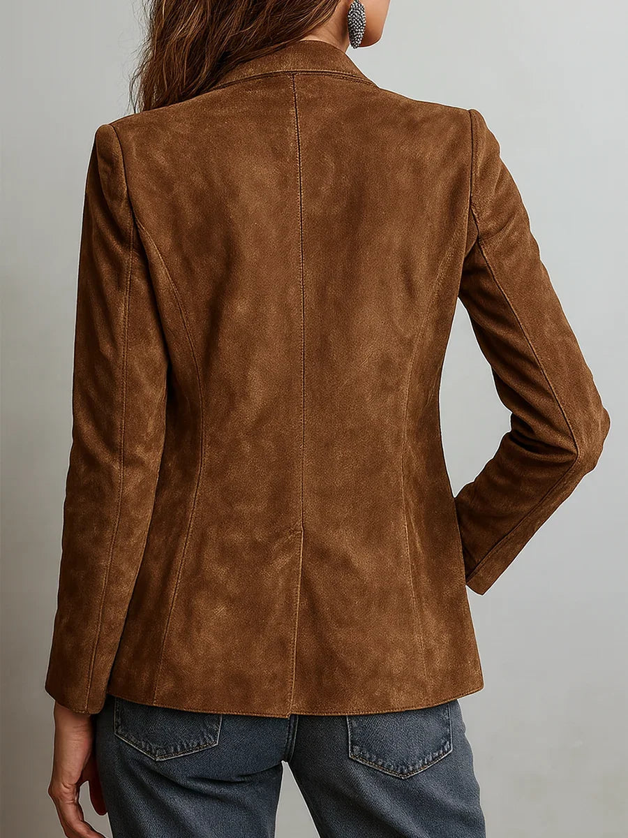 Women's Brown Suede Style Blazer with Notch Lapel and Chest Pocket