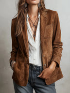 Women's Brown Suede Style Blazer with Notch Lapel and Chest Pocket
