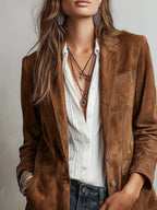 Women's Brown Suede Style Blazer with Notch Lapel and Chest Pocket