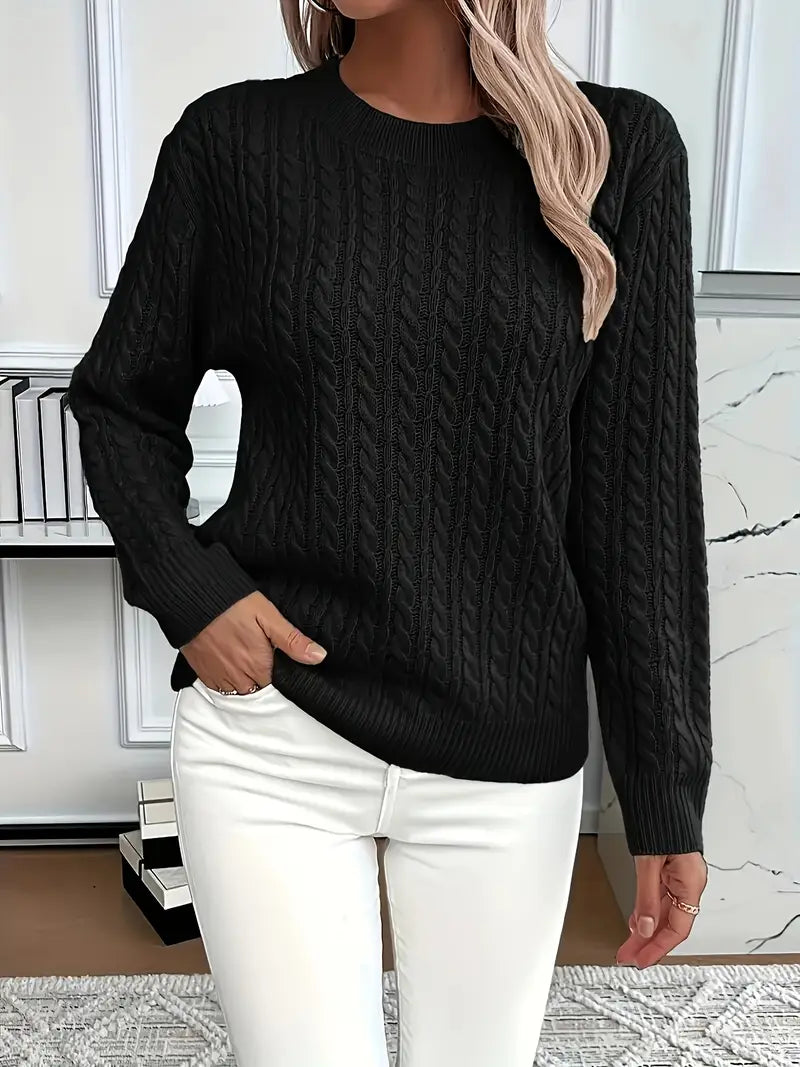 Women's Cable Textured Jumper with Crew Neck and Ribbed Cuffs