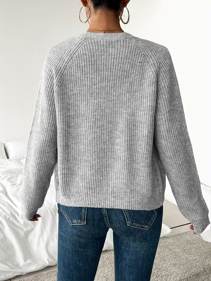 Women's Ribbed Knit Cardigan with V-Neck and Button Front