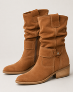 Women's Slouch Ruched Mid Calf Block Heel Almond Toe Boots