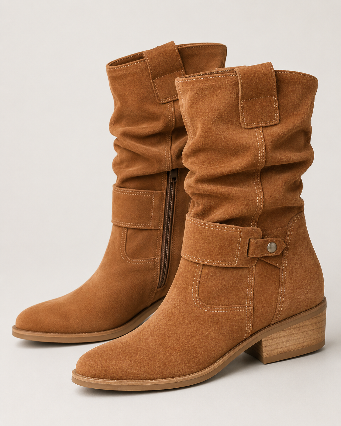 Women's Slouch Ruched Mid Calf Block Heel Almond Toe Boots