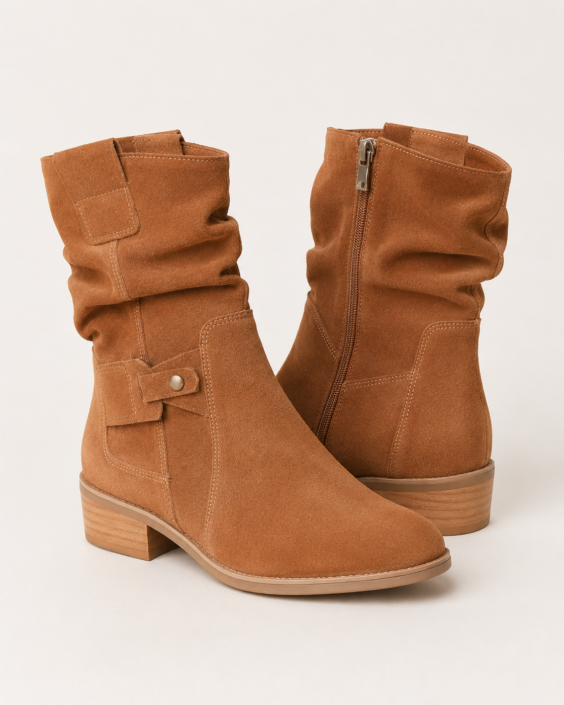 Women's Slouch Ruched Mid Calf Block Heel Almond Toe Boots
