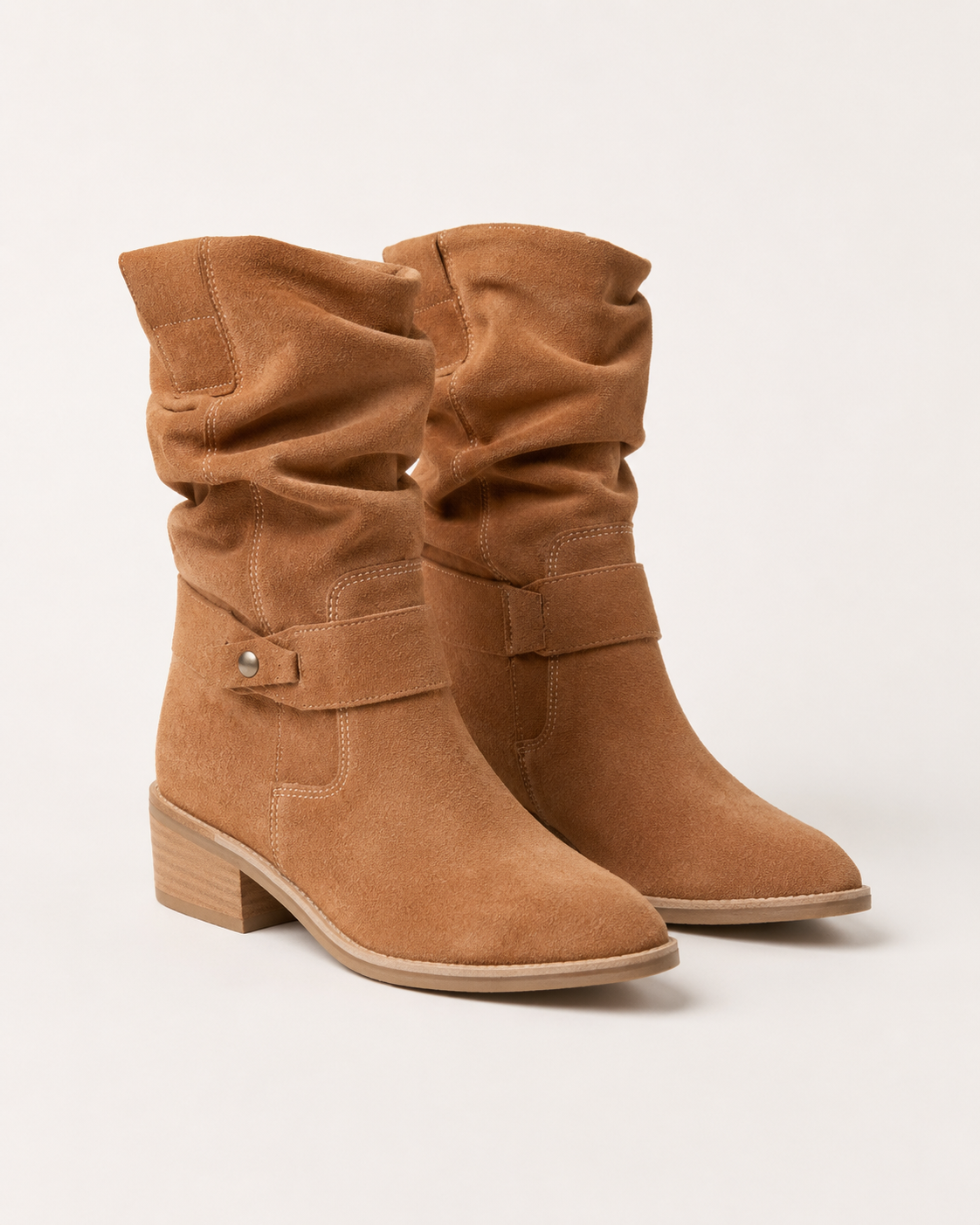 Women's Slouch Ruched Mid Calf Block Heel Almond Toe Boots