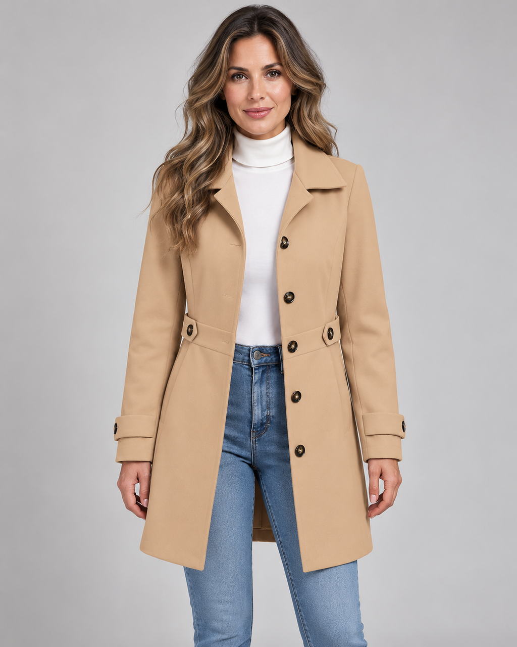 Women's Fitted Single Breasted Coat with Lapel Collar and Button Front