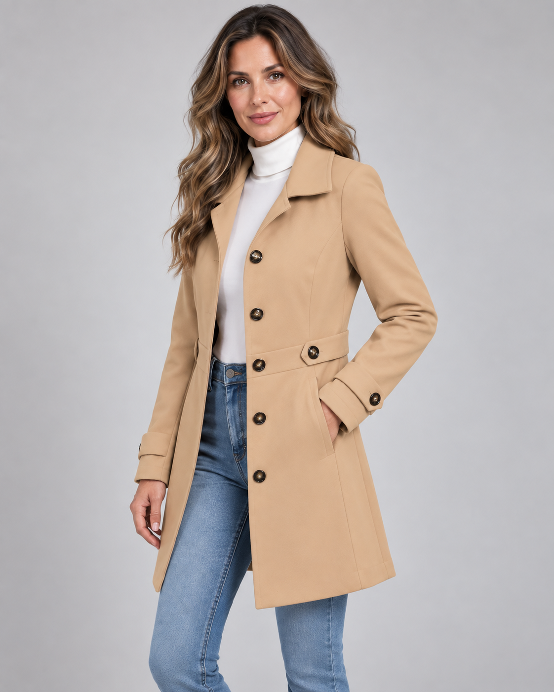 Women's Fitted Single Breasted Coat with Lapel Collar and Button Front