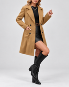 Women's Mid Length Wool Blend Coat with Notch Lapel and Double Breasted Front