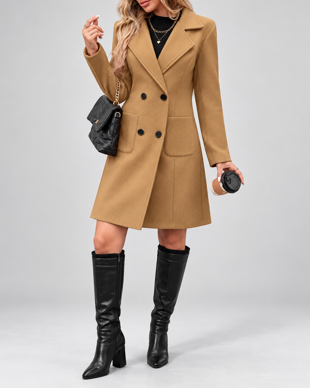 Women's Mid Length Wool Blend Coat with Notch Lapel and Double Breasted Front