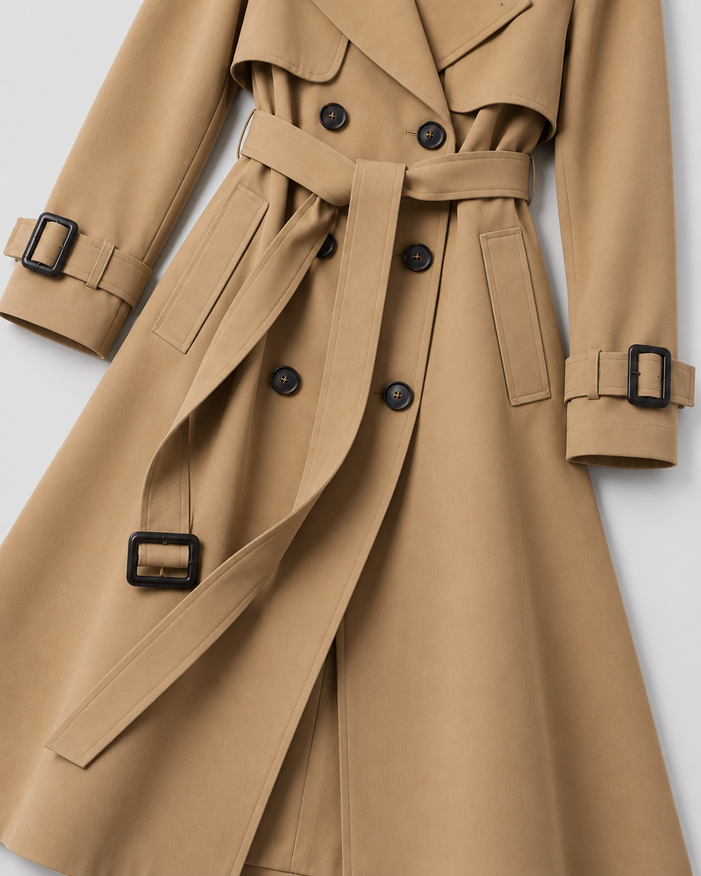 Women's Long Belted Trench Coat with Lapel Collar