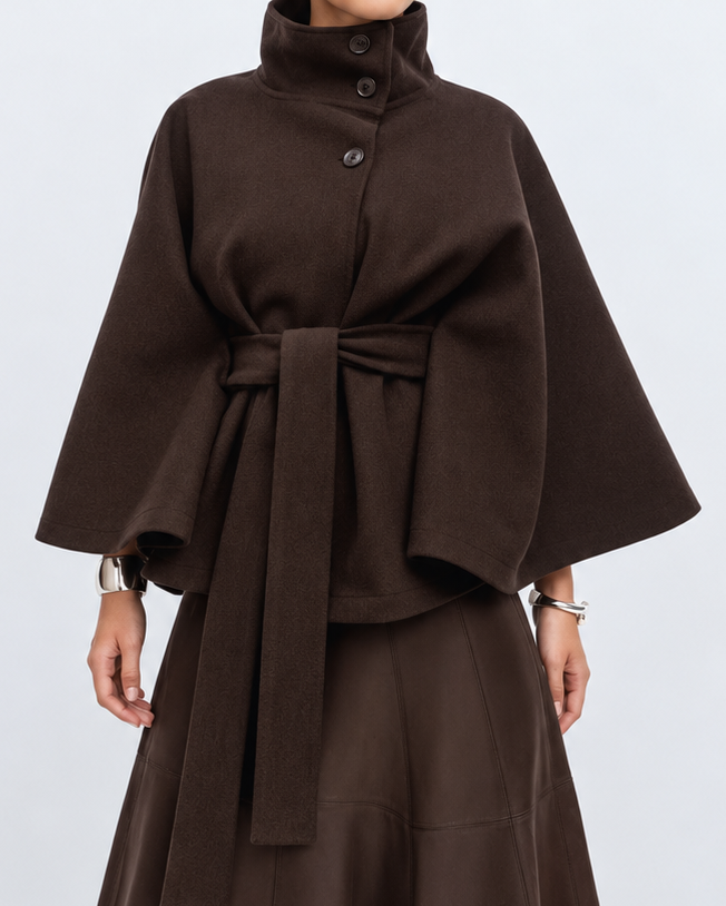 Women's Belted Cape Coat with High Collar and Button Front