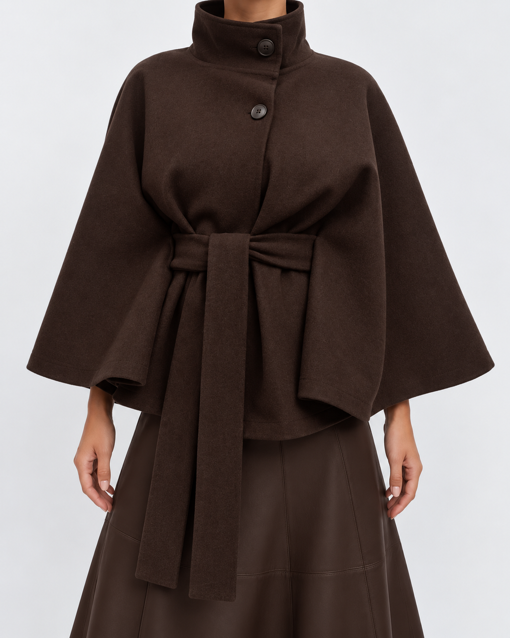 Women's Belted Cape Coat with High Collar and Button Front