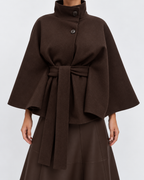 Women's Belted Cape Coat with High Collar and Button Front