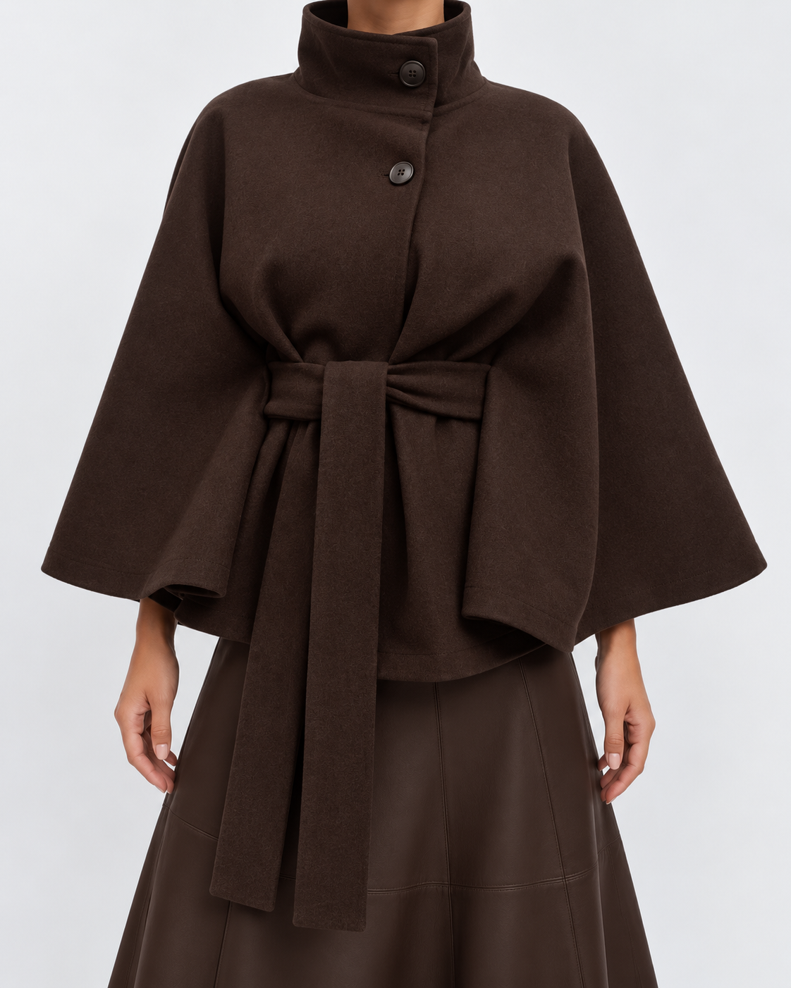 Women's Belted Cape Coat with High Collar and Button Front