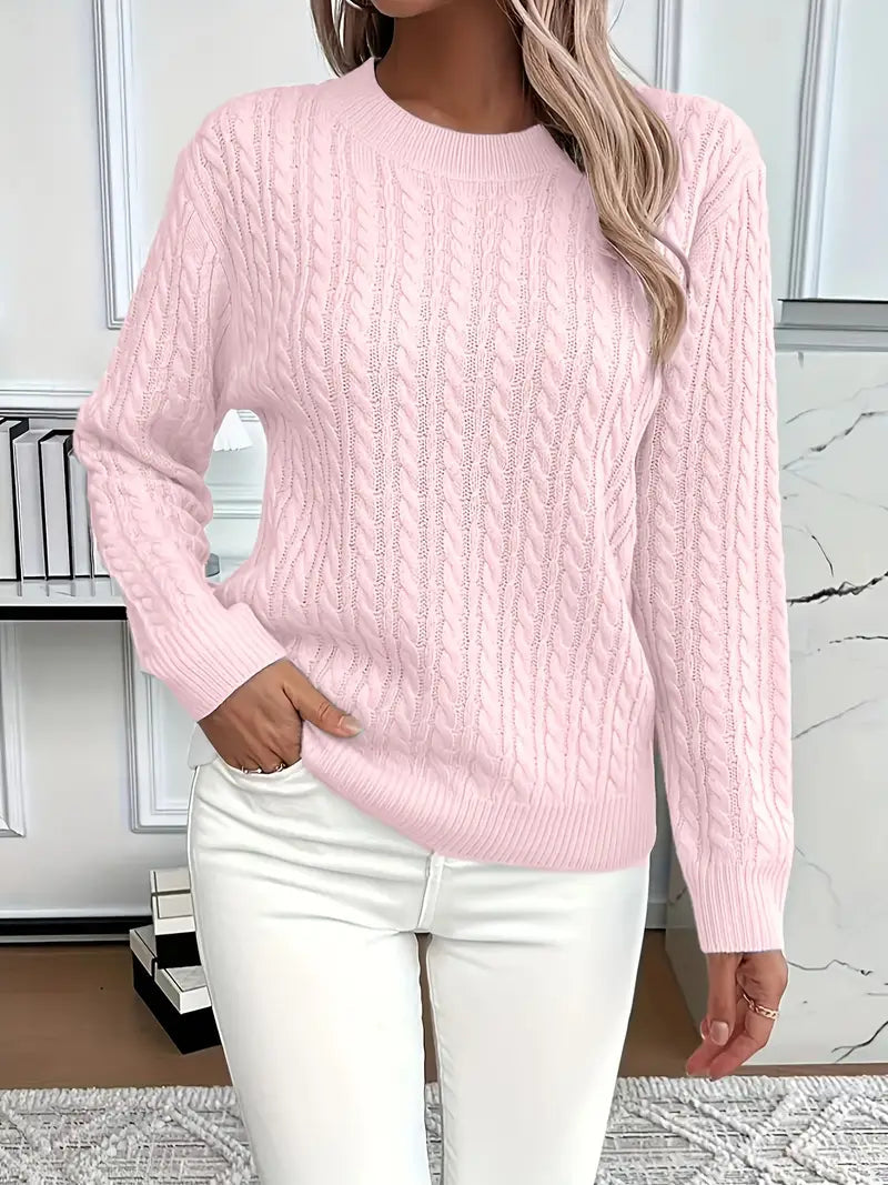 Women's Cable Textured Jumper with Crew Neck and Ribbed Cuffs