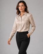 Women's Satin Collared Long Sleeve Button Up Blouse
