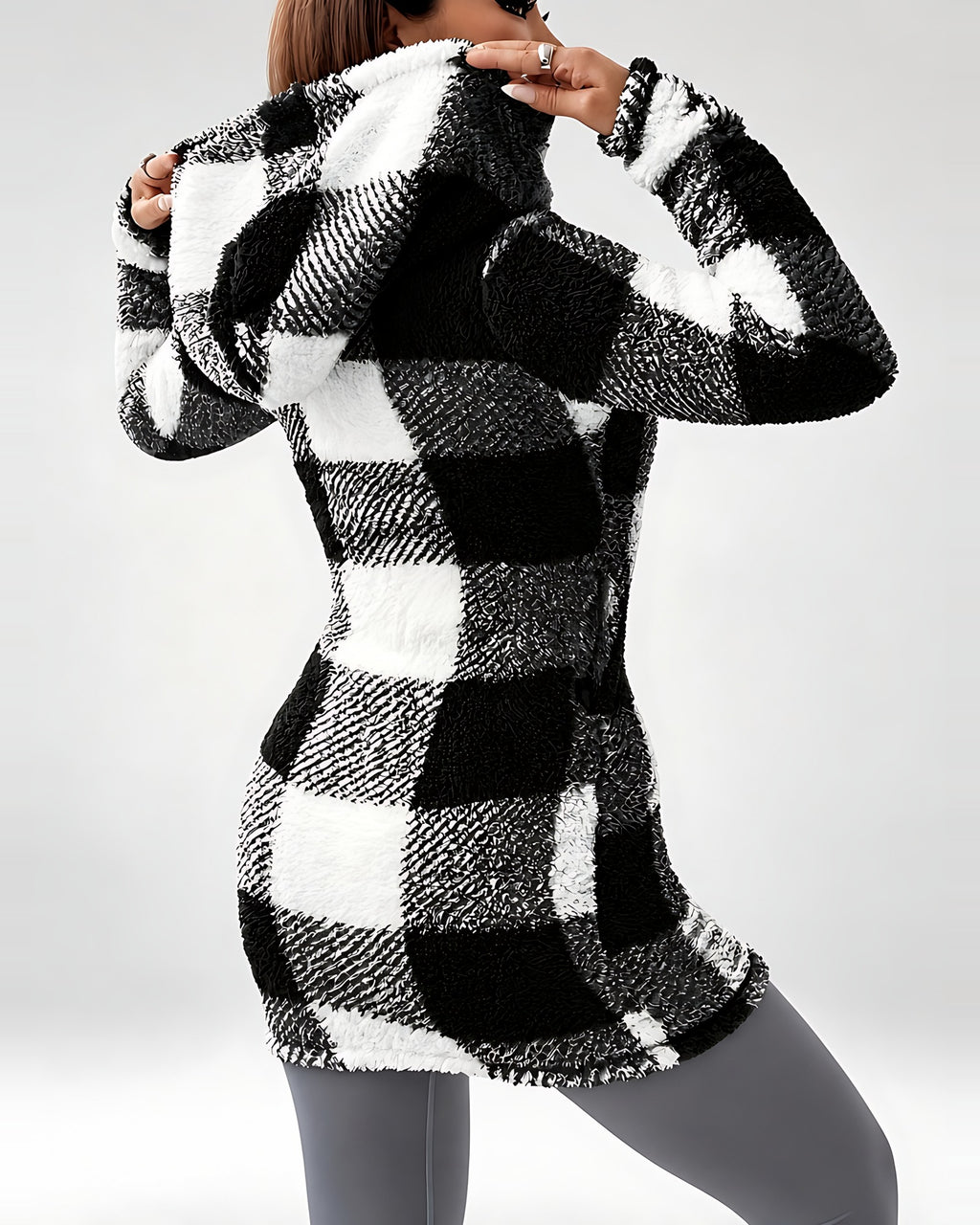 Women's Longline Checked Teddy Coat in Black – back