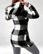 Women's Longline Checked Teddy Coat in Black – back