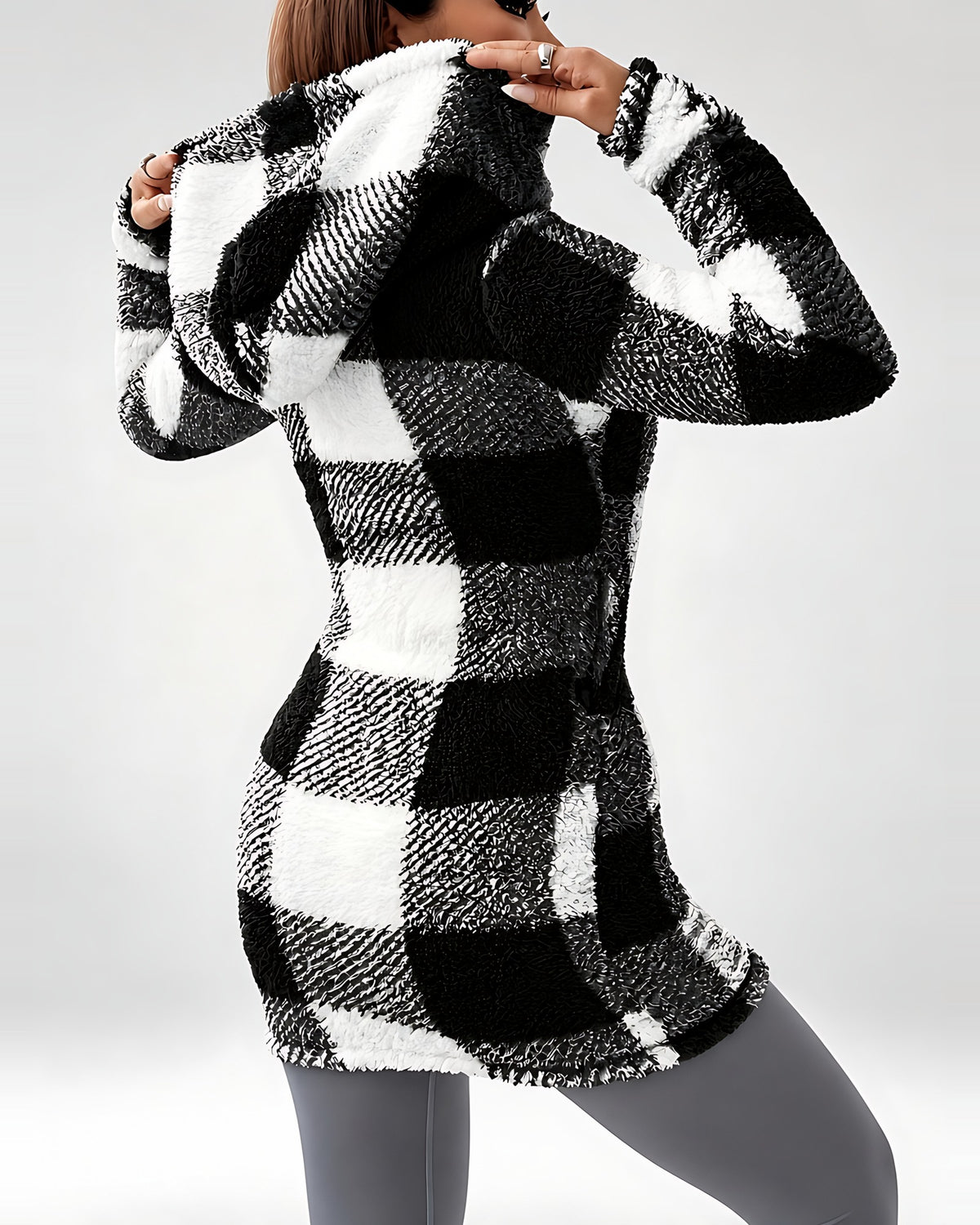 Women's Longline Checked Teddy Coat in Black – back
