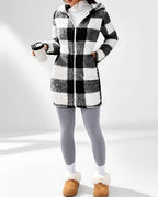 Women's Longline Checked Teddy Coat in Black – front
