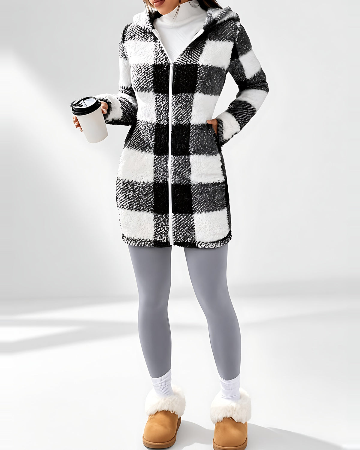 Women's Longline Checked Teddy Coat in Black – front