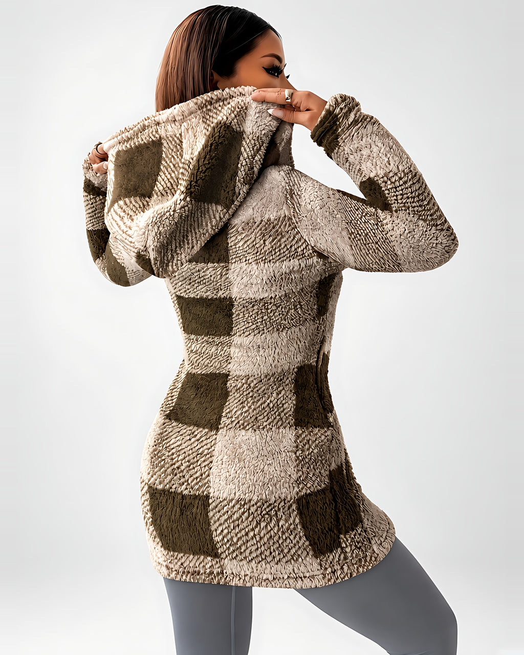 Women's Longline Checked Teddy Coat in Coffee – back