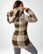Women's Longline Checked Teddy Coat in Coffee – back