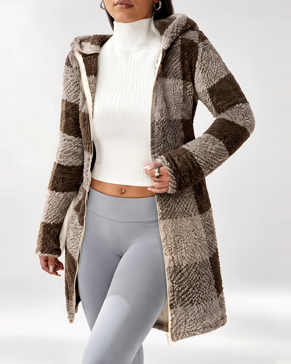 Women's Longline Checked Teddy Coat in Coffee – front open close-up