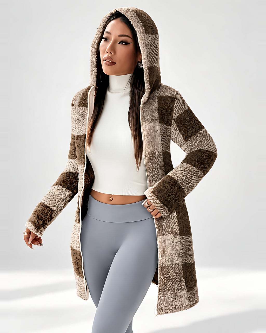 Women's Longline Checked Teddy Coat in Coffee – front open